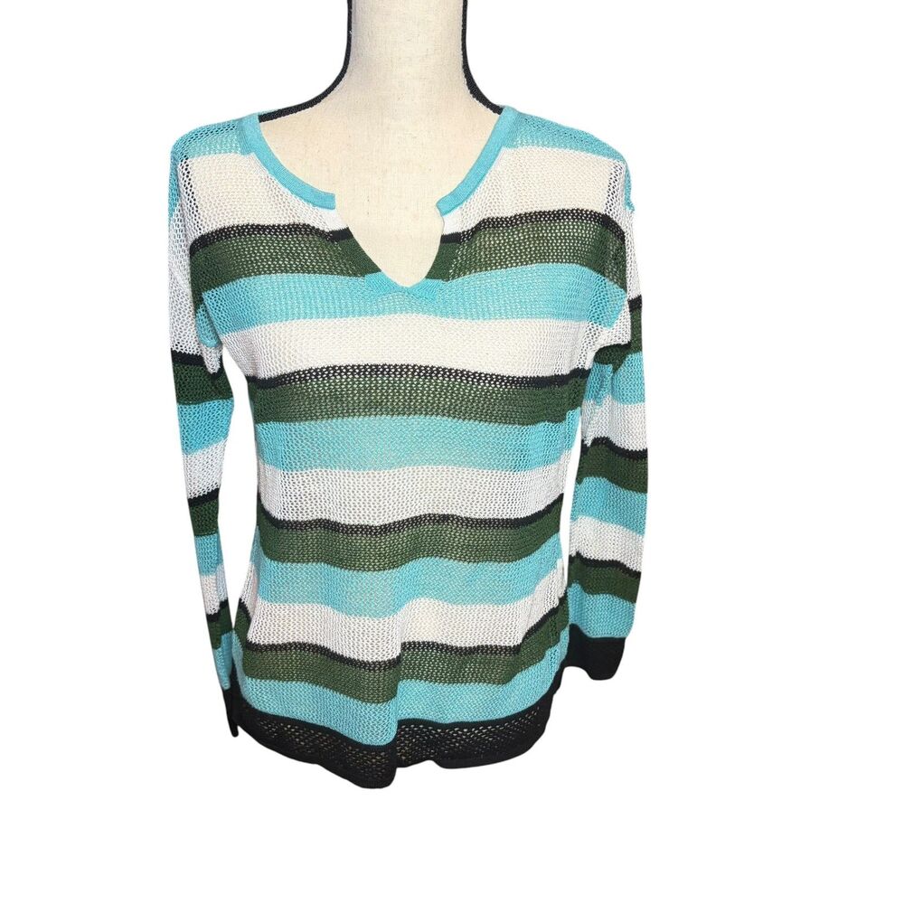 Talbots Striped Open Knit Sweater Small Coastal Preppy Blue Green